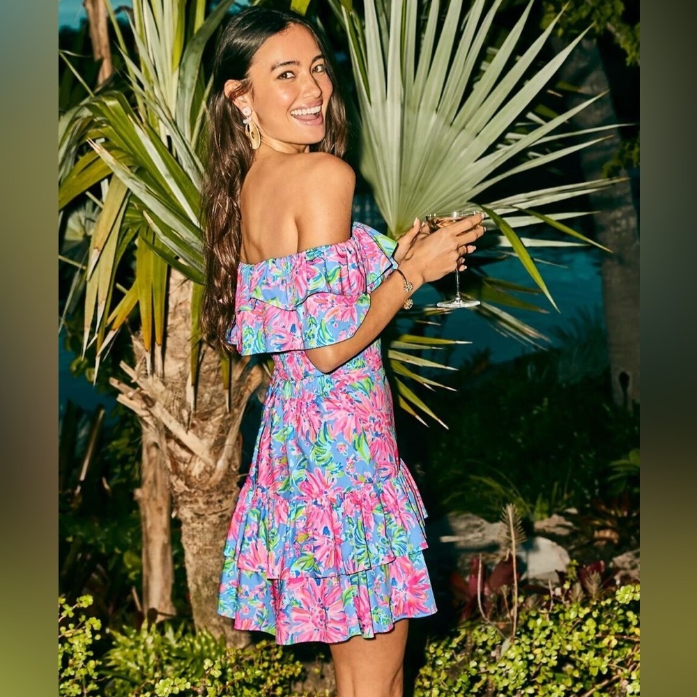 Lilly Pulitzer Mayslie Ruffled OTS Top MiniSkirt Set Blue Peri Sunrise Bay